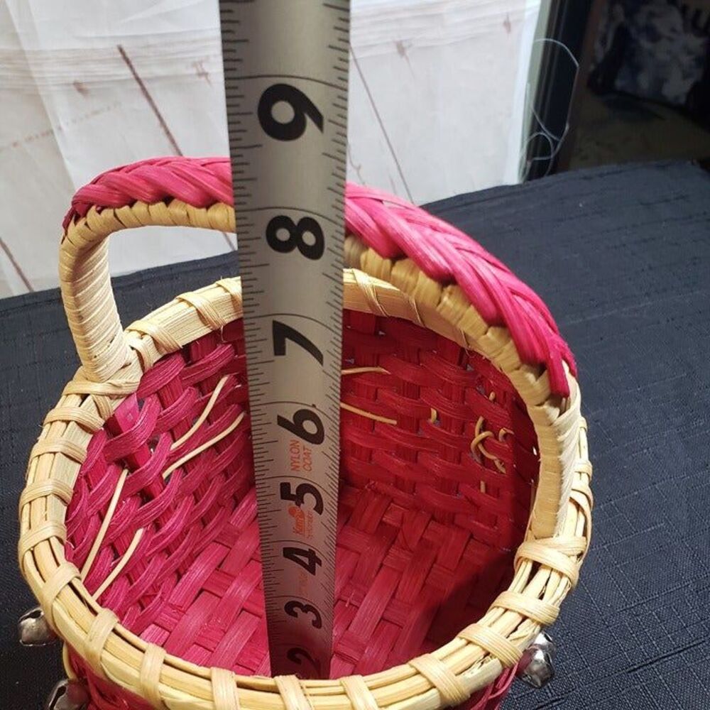 Cute Small Red Wicker Christmas Basket with Bells 5" x 8" tall Holiday Decor - Picture 11 of 11